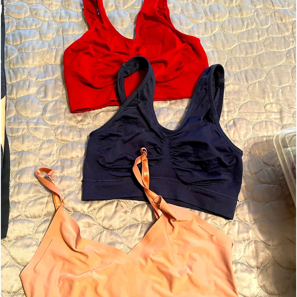 Three sports bras, 2 gathered cups, 1 flat, small